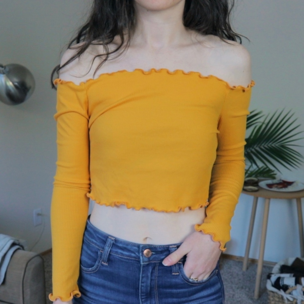 PrettyLittleThing yellow off the shoulder crop top